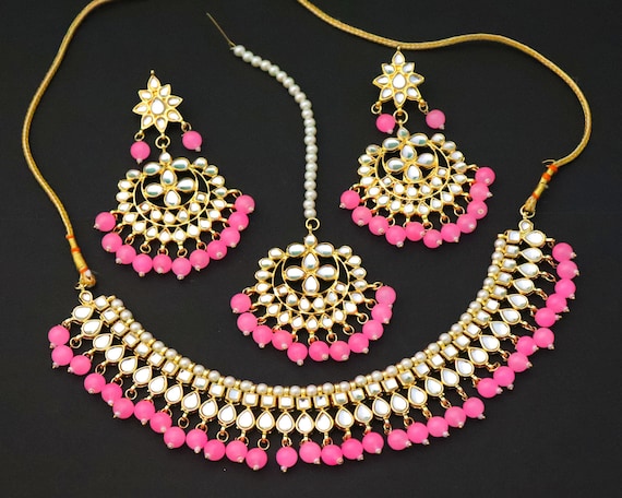 Ethnic Golden Kundan Necklace Earrings Indian Bollywood Jewelry Bridal Tikka Set 