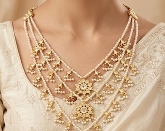 Kundan Pearl Indian Jewelry Set: Gold Plated Necklace Earrings Tika