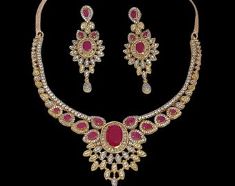 22ct Gold Plated Ruby CZ Jewelry Set: Bridal Necklace & Earrings