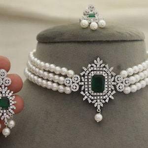 CZ Green Choker Necklace Earrings Set, High Quality Pearls Jewelry Set, Bridal Choker Wedding Set, Bollywood Jewelry, Punjabi Necklace Set