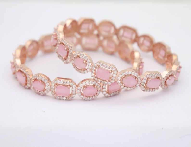 Statement Set Handmade Gold Rose Hyderabadi Bangles Pink CZ Diamonds Bangles Bracelets Jewelry Set Indian Party Wear Bracelets Bangles