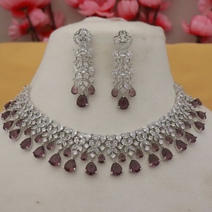 Purple CZ Diamonds Necklace Earrings Set/ Rodo Light High Quality Silver Necklace Set/ Indian Bridal Necklace Jewelry Set/ Designer Set