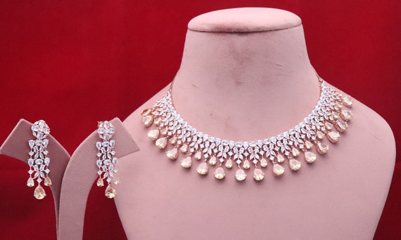 Statement CZ Diamonds Necklace Earrings Set Rose Gold Citrine | Etsy