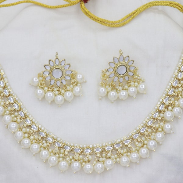 Hyderabadi Pearls Necklace Earrings Set/ Kundan Sleek Necklace Earrings Set, Designer Bridal Necklace Earrings, Indian Wedding Jewelry Set