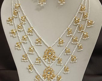 Kundan Pearl Indian Jewelry Set: Gold Plated Wedding Necklace Earrings Tika