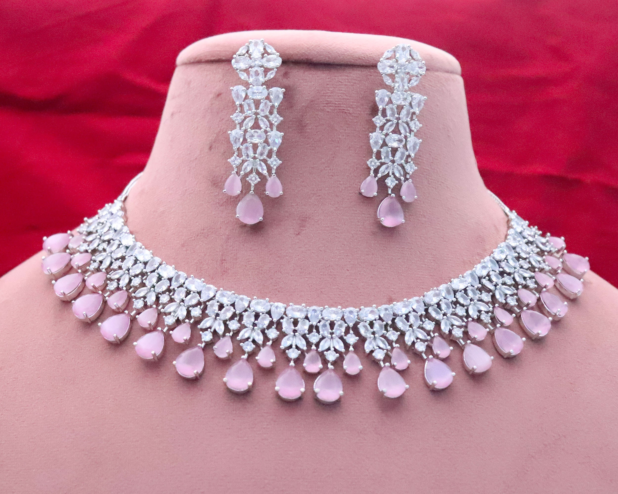 Indian Bollywood Style Pink Pearl Silver Plated Fashion Bridal Diamond  Necklace