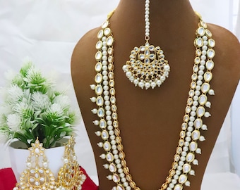 Kundan Bridal Jewelry Set: Rani Haar Long Necklace, Earrings, Tika