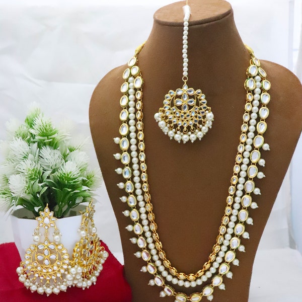 Bridal Kundan Jewelry Necklace Earrings Tika Set, Long Necklace Rani Haar Pearls Bollywood Jewellery Set, Party Wear Necklace, Statement Set