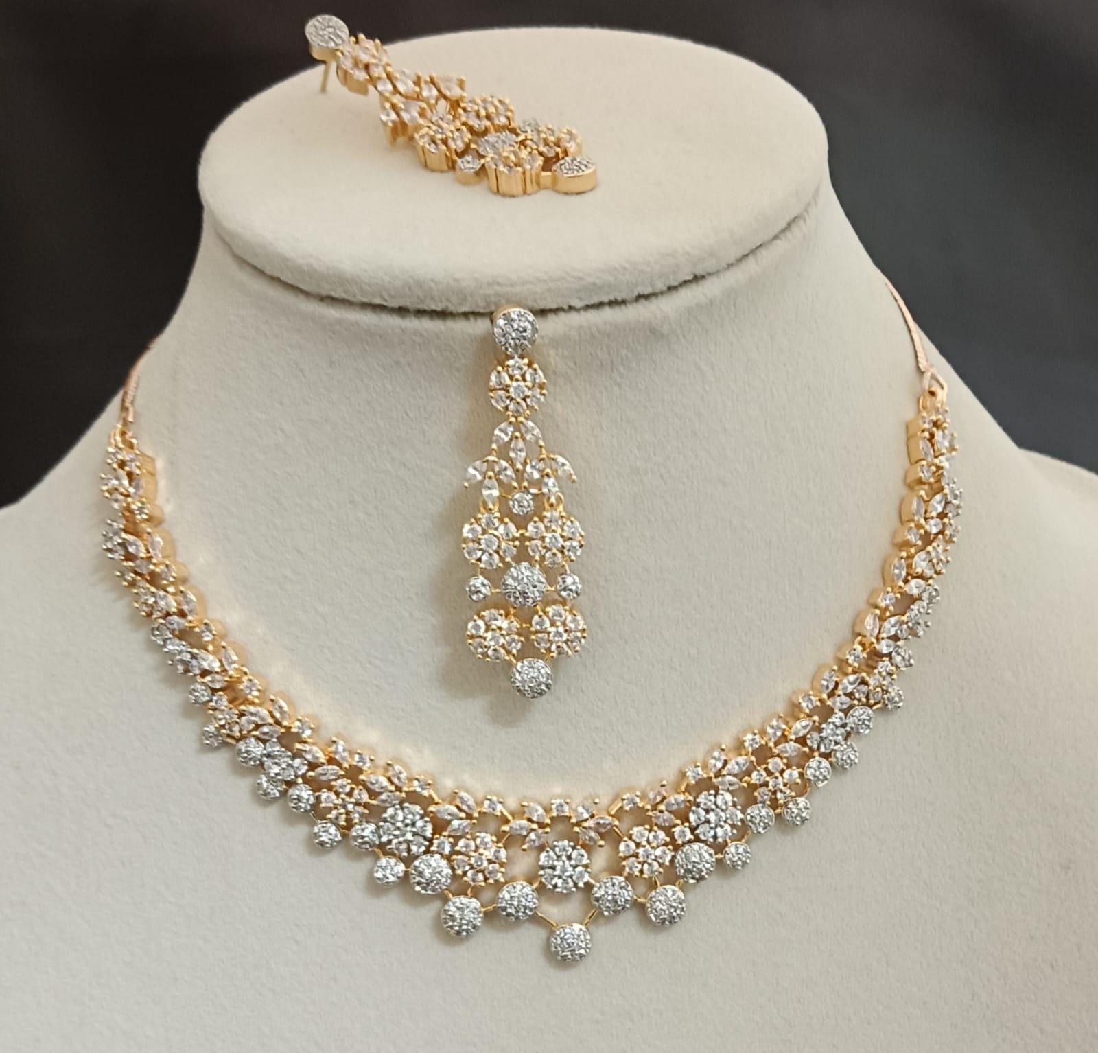 Rose Gold CZ Diamond Bridal Jewelry Set: Dangler Earrings & Choker