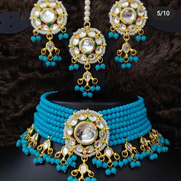 Turquoise Choker Kundan Collier Boucles d’oreilles Tikka Onyx Perles Bijoux Indiens, Indien Turquoise Bijoux Mariage Mariage Mode Fait à la Main Set