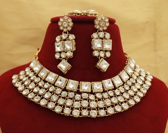 CZ Indian Choker Necklace Earrings Tikka Set: Gold Plated Bridal Jewelry