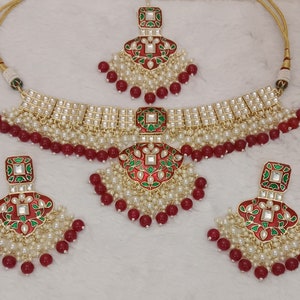 Indian Bridal Maroon Necklace Earrings Tikka Set Bridal Necklace Earrings Gold Plated Jewelry Bollywood Choker Necklace Earrings Engagement