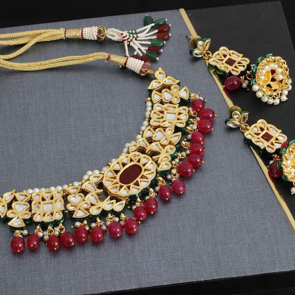 Conjunto de pendientes de collar de gargantilla de rubí Kundan, conjunto de cuentas rojas Jhumki indias, pendientes de collar Kundan, conjunto de joyas hechas a mano de boda nupcial india