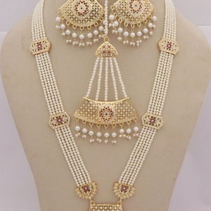 Jadau Necklace Earrings Tika Jhoomar Jewelry Set, Punjabi Necklace Earrings Jhoomar, Bridal CZ Jhoomar Jewelry Handmade Necklace Mother Gift