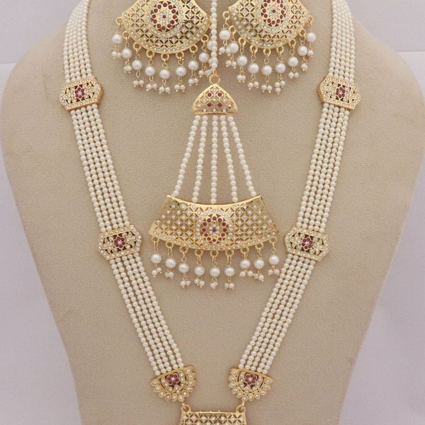 Jadau Necklace Earrings Tika Jhoomar Jewelry Set, Punjabi Necklace Earrings Jhoomar, Bridal CZ Jhoomar Jewelry Handmade Necklace Mother Gift