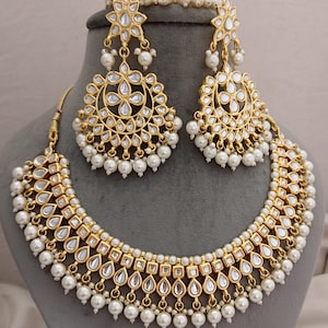 White Pearl Kundan Bridal Jewelry Set: Gold Plated Necklace Earrings Tikka