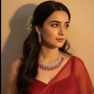 May include: A woman wearing a red sari and jewelry. The jewelry includes a necklace and earrings with red gemstones. Her dark hair is styled with a flower. The sari is a deep red color.