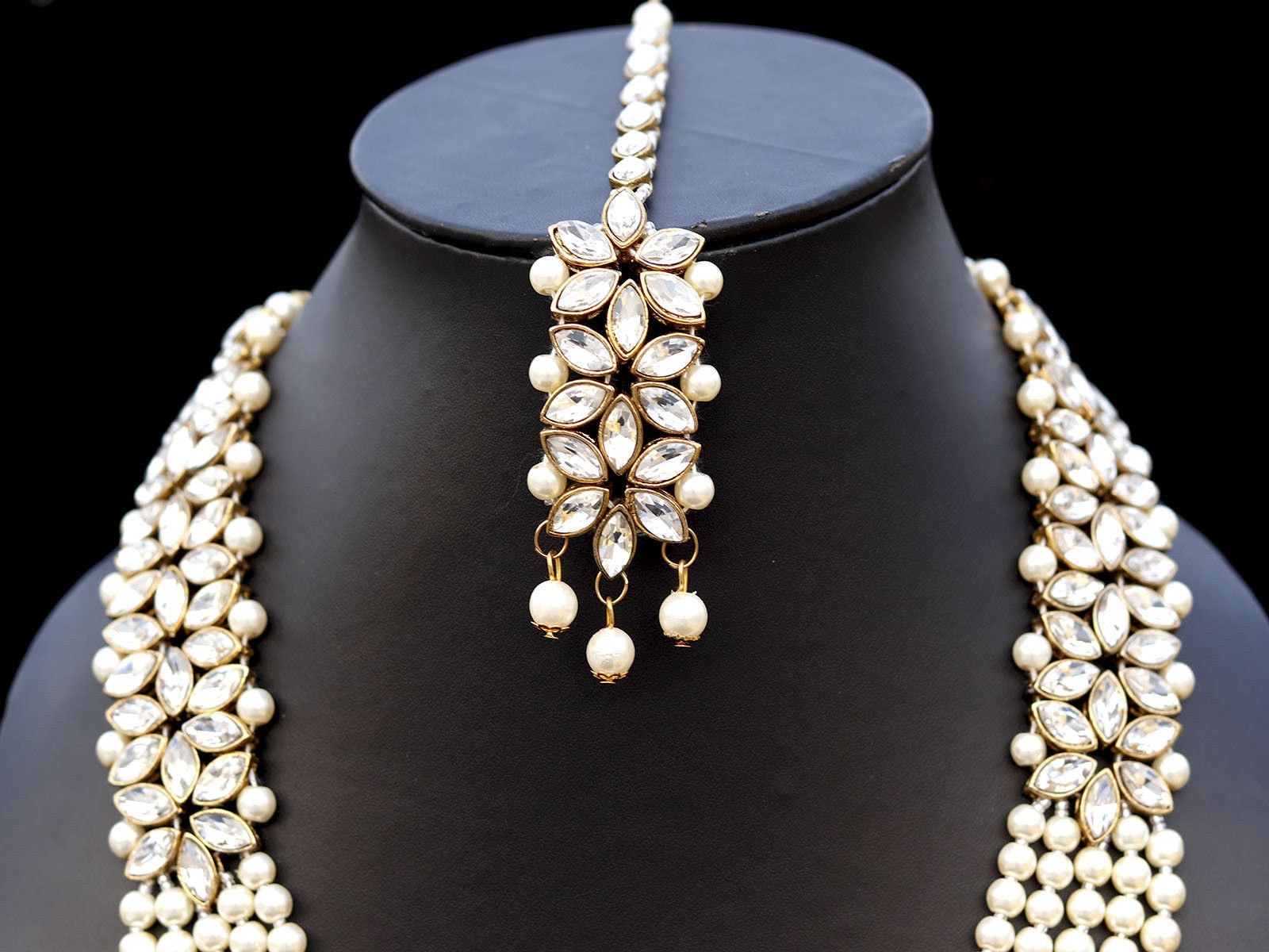 5 Layers Pearls Necklace Earrings Mang Tikka CZ Diamonds Long - Etsy