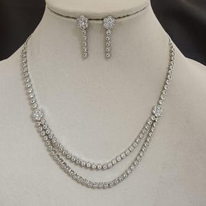 2 Layers Cubic Zirconia Necklace Earrings Set/ CZ New Bridal Necklace Earrings/ Silver Jewelry Set/ Indian Bridal Designer Jewelry Set