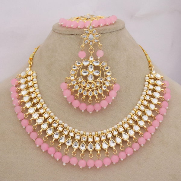 Baby Pink Kundan Necklace Earrings Tika Jewelry Set, Kundan Necklace Set, Jhumka Earrings Set, Bridal Kundan Necklace Earrings Set