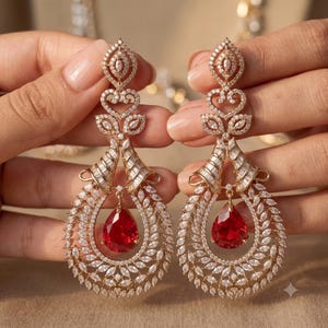 Puede incluir: Un par de pendientes largos y ornamentados en tono dorado con una piedra roja en forma de lágrima en el centro. Los pendientes están incrustados con numerosos cristales pequeños y transparentes, tallados en marquise y baguette, en patrones simétricos.