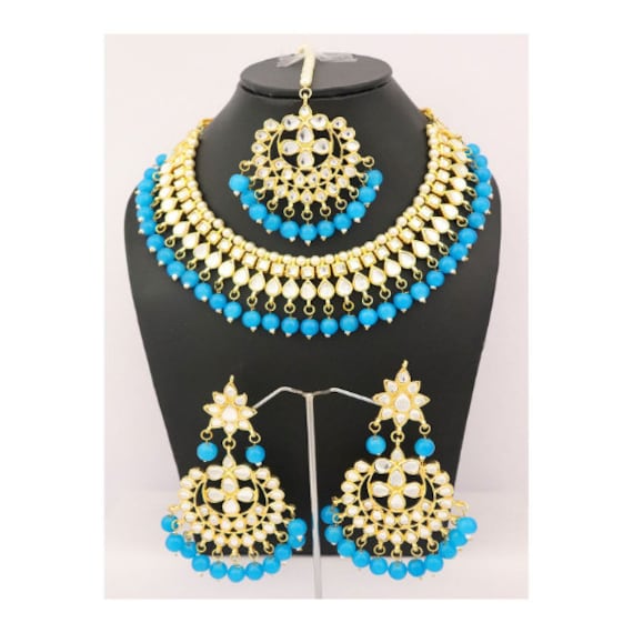 Indian Pakistani Sky Blue Kundan Choker Necklace Set Bollywood Bridal Jewelry