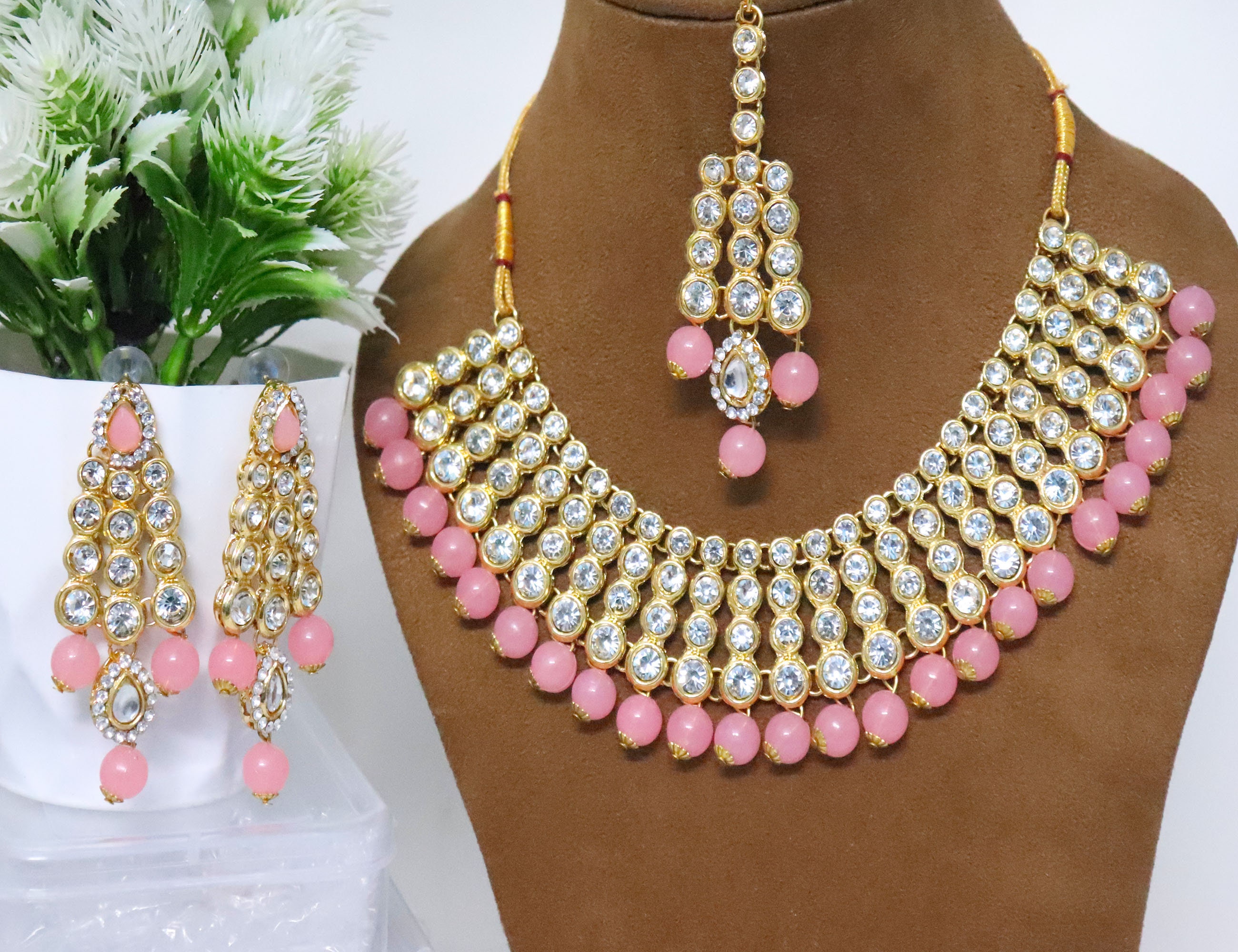 indiankundanjewelry Bollywood, Pink CZ Diamonds Necklace Earrings, Bridal Necklace Earrings Silver Jewelry, Statement Choker Necklace Earrings, Engagement Set