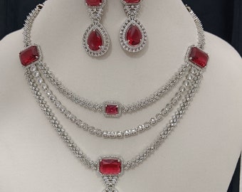 Ruby Faux Diamond Silver Necklace Earring Set: Bridal Jewelry
