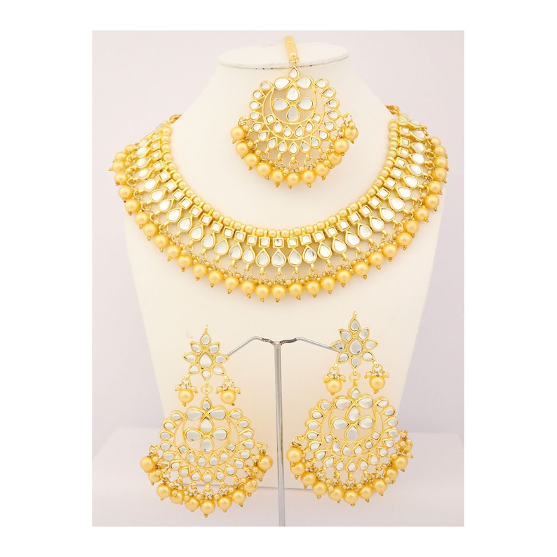 Kundan Handmade Eid Gift Jewelry Necklace Earrings Tikka Golden Pearls Indian Bridal Wedding Fashion Jewellery Engagement Style Set