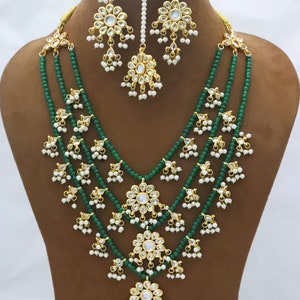 Handmade Kundan Bridal Jewelry Set: Green Beads, Pearls, Tika