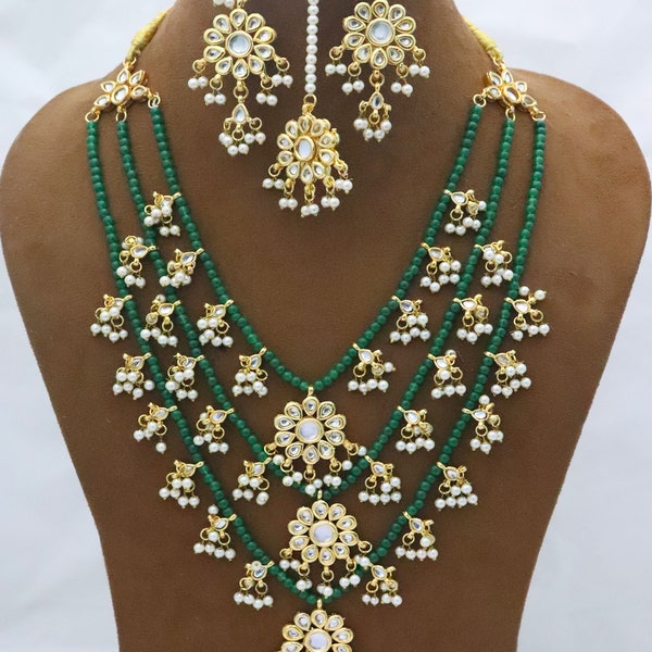 3 Layers Green Beads Pearls Necklace Earrings Tika Jewelry, Indian Kundan Pearls Jewellery, Handmade Bridal Jewelry Jewellery Unique Set