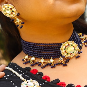 Blue Beaded Kundan Bridal Jewelry Set: Indian Choker Necklace Earrings