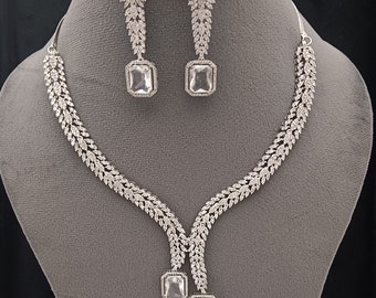 Bridal Choker Necklace Earrings Set: Faux CZ Diamonds, Silver Plated Dangler