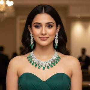 Conjunto de joyas de plata con esmeralda y diamantes de circonita cúbica: collar, gargantilla y pendientes de novia.