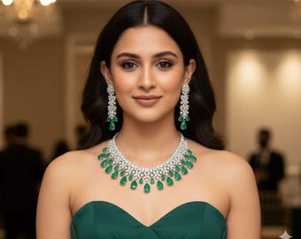 CZ Diamond Silver Emerald Jewelry Set: Bridal Choker Necklace Earrings