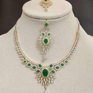 Premium Quality Silver Emerald Necklace Earring Set, Bridal Necklace Earrings Gold Jewelry Set Statement Choker Necklace Earrings Engagement
