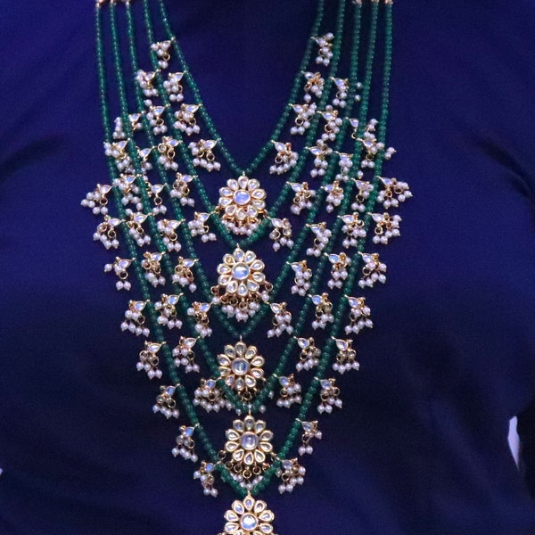 Kundan 5 Layers Long Rani Haar Necklace Earrings Tika Jewelry Set, Green Beads Minakari Work Pearls Jewelry, Bridal Rani Haar Wedding Set