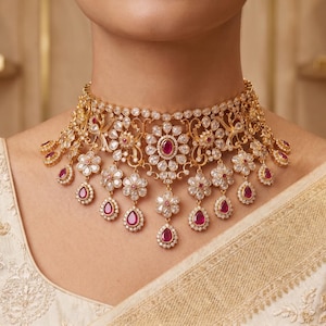 Ruby Polki Choker Necklace Set, Gold Plated Floral Bridal Jewelry, Indian Wedding Necklace & Statement Earrings Tikka