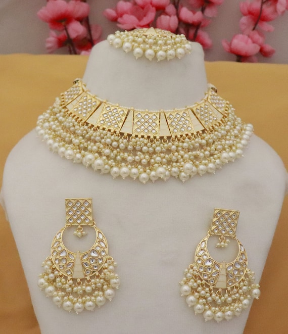 Set Gioielli Da Sposa Indiano Bollywood – Collana Girocollo In Ottone Placcato Con Pietre E Perline Artificiali