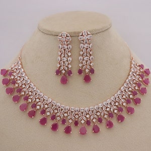 indiankundanjewelry Rose Gold CZ Diamonds Ruby Necklace Earrings Set, Bridal Dangler Earrings, Bridal Choker, Party Wear Necklace Earrings, Statement Piece Set