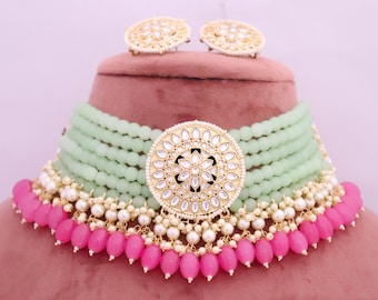 Kundan Choker Necklace Studs Set: Pink Bridal Indian Jewelry