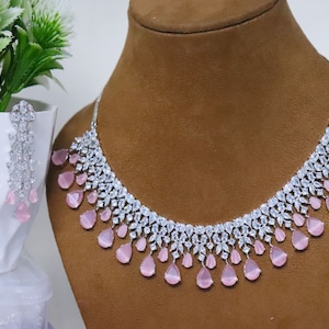 Pink CZ Diamonds Necklace Earrings Set, Bridal Necklace Earrings Antique Jewelry Set, Statement Choker Necklace Earrings, Engagement Set
