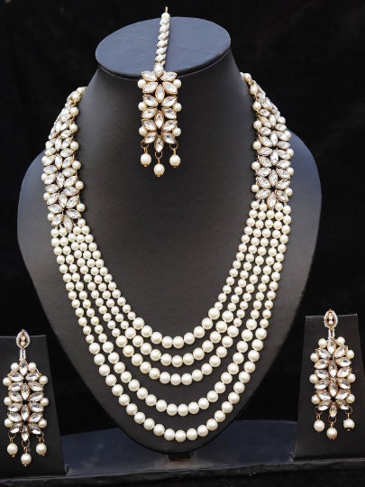 5 Layers Pearls Necklace Earrings Mang Tika CZ Stack Long Rani - Etsy