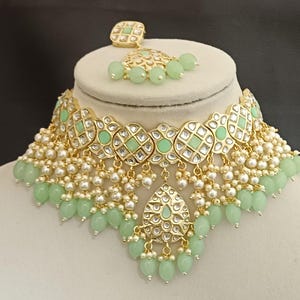 Kundan Mint Choker Necklace Earrings Set: Indian Bridal Gold Plated Jewelry