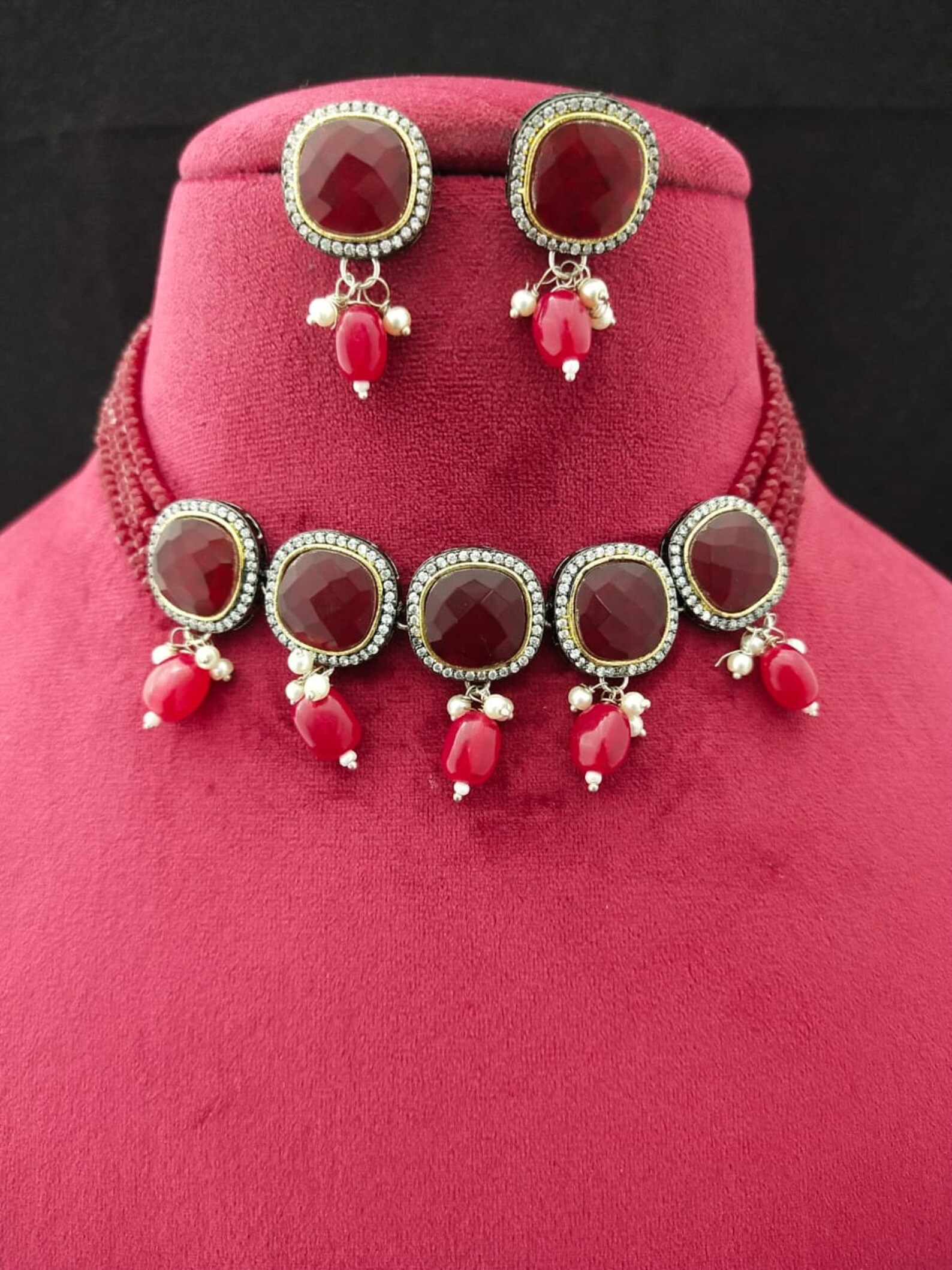 Indian Choker Necklace Earrings Set Turquoise Choker Red Etsy