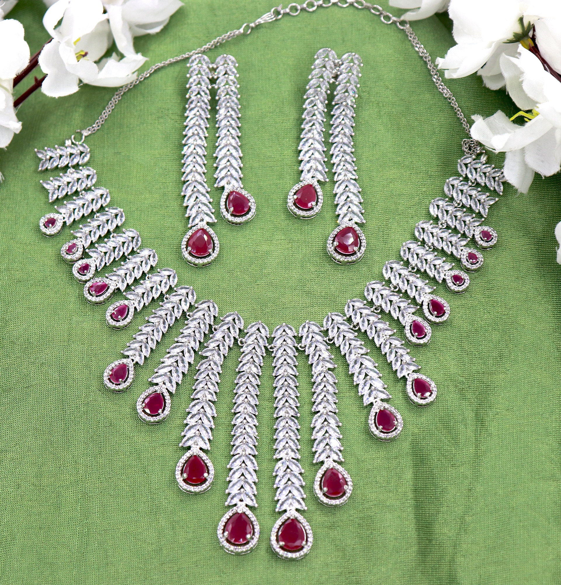 indiankundanjewelry Rose Gold CZ Diamonds Ruby Necklace Earrings Set, Bridal Dangler Earrings, Bridal Choker, Party Wear Necklace Earrings, Statement Piece Set