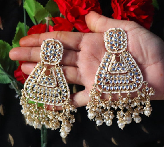Kundan Big Jhumka Style Earrings Jewelry Set Pearls Guttapusalu