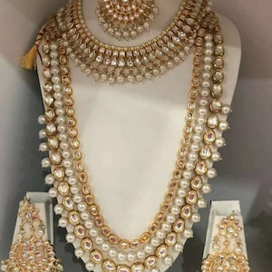 Indian Bridal Choker Necklace Earrings Tikka Set, Long Necklace Rani Haar Pearls Bollywood Jewellery Set, Party Wear Necklace, Statement Set