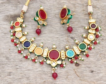 22ct Gold Plated Kundan Navratan Jewelry Set: Indian Wedding Necklace Earrings