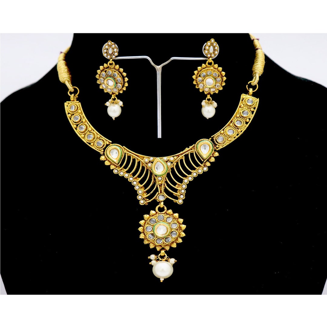 Valentine Gift Necklace Earrings Jhumki Style Kundan Pearls on Sale ...